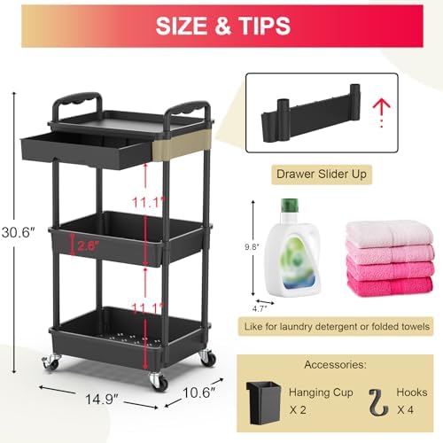 Goovilla 3 Tier Rolling Utility Cart Organizer, Black