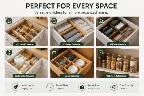 Bamboo Drawer Divider 6 Pack, Expandable Drawer Dividers, Adjustable