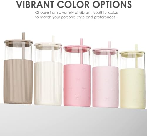 SANDJEST Glass Tumbler with Straw and Lid, Glass Water Bottle with