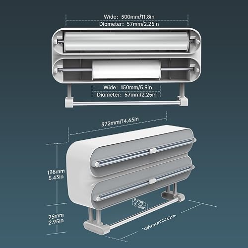 Magnetic Wrap Dispenser with Cutter - 3-in-1 Kitchen Organization and Storage for Plastic Wrap, Aluminum Foil & Paper Towel Holder | Strong Magnet Fridge & Wall Mount (Includes Wrap & Foil)