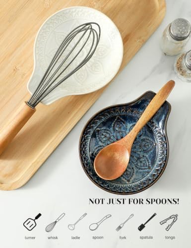 Glazed White Spoon Rest for Stove Top, Ceramic Spoon Holder for