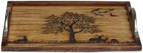 Large Wooden Serving Tray with Nature Scene, Decorative Tree and
