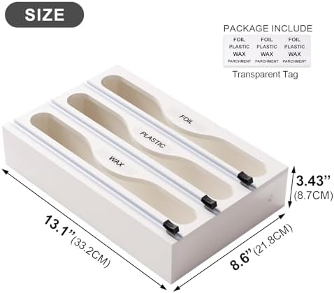 Wrap Dispenser with Cutter and Labels, Plastic Wrap Organizer For Kitchen,Bamboo 3-in-1 Wrap Dispensers for Cling Wrap Aluminum Foil and Wax,Storage Organization Holder（White）
