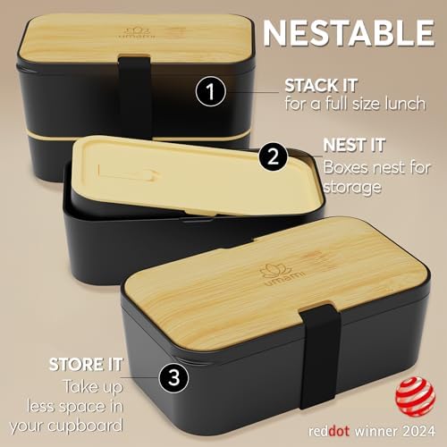 Umami Bento Box Adult, Stackable Lunch Box, 50 oz, Black& Bamboo