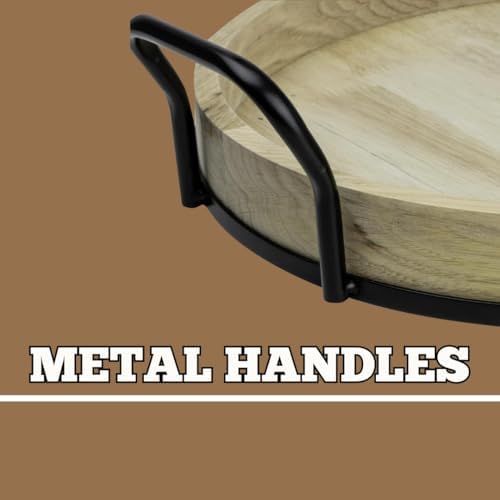 SEDLAV Round Rustic Brown Wood Serving Tray with Metal Handles