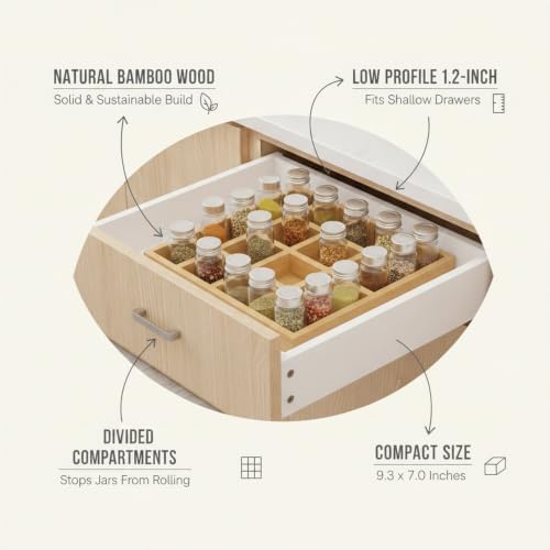 Bamboo Spice Organizer Rack, Compact Drawer Divider Tray for Kitchen