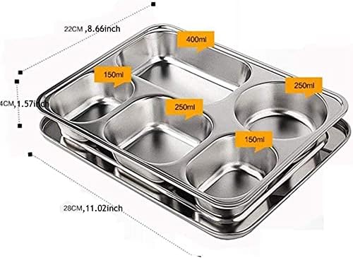 Set of 2 Stainless Steel Divided Plates Tray Rectangular 5 Sections