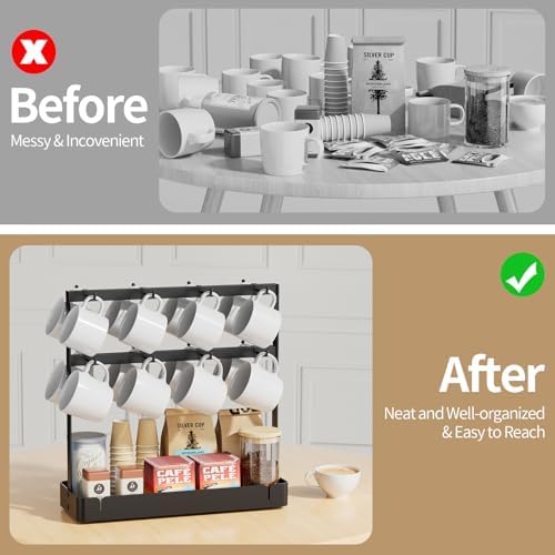 Coffee Mug Holder, 2 Tier Metal Mug Rack with 16 Movable Hooks