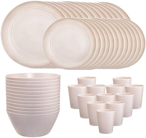 LIYH Beige 48 Pcs Unbreakable Wheat Straw Dinnerware Sets Kids RV BPA