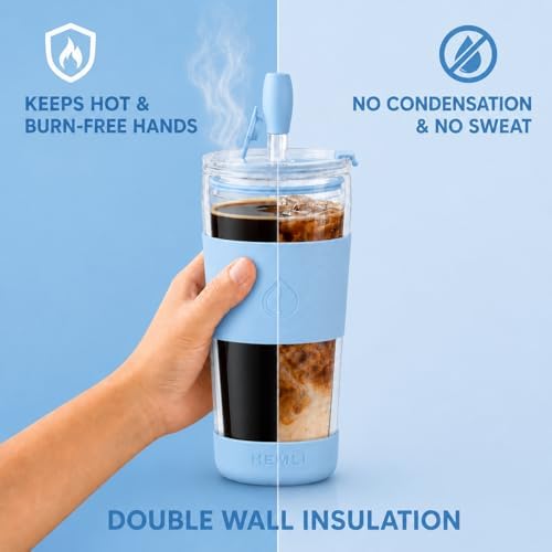 19 oz. Double Wall Glass Coffee Tumbler, To Go Travel Mug with Lid