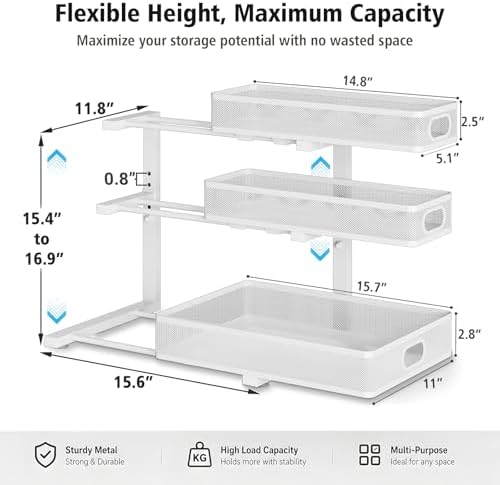 Under Sink Organizer, 3 Tier Pull Out Cabinet Organizer with 5 Adjustable Heights, Metal Under Sink Storage with Sliding Drawers for Kitchen, Bathroom, Pantry and Laundry Room, 2-Pack White