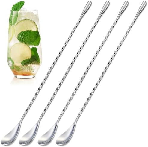 4 Pcs Bar Spoon Set, 12" Long, 18/8 Stainless Steel Cocktail Stirrers