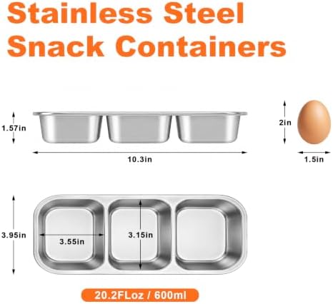 4 Pack Stainless Steel Snack Containers with Lids 3 Compartments