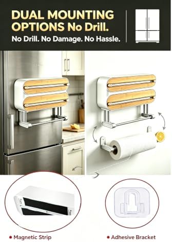 3-in-1 Plastic Wrap Dispenser with Cutter, Magnetic & Self-Adhesive Wall Mount for Aluminum Foil, Parchment Paper & Cling Wrap, Kitchen Organizer with Paper Towel Holder