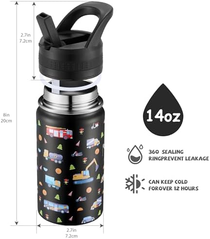 14 Oz Kids Water Bottle, Stainless Steel Water Bottle with Straws