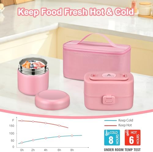 Pawtong Bento Lunch Box with 8oz Soup Thermo, Pink