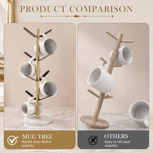 Gold Mug Holder Tree with Marble Base, 8 Hooks Coffee Cup Holder