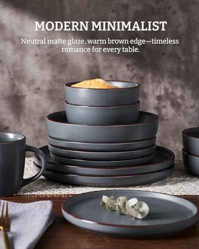 Famiware Mercury 24-Piece Stoneware Dinnerware Set, Charcoal