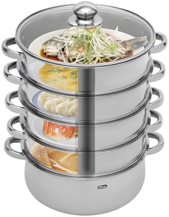 5 Tier Steamer Cooker,Home Steam Pot Set,Multi tier Stainless Steel Kitchen Cookware Hot Pot for Cooking Vegetables, Seafood, Soups, Stews and Pasta (Silver, 11 * 17.71 in)