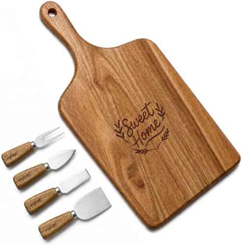 100% Acacia Wood Charcuterie Board Gift Set with Handle & 4 Cheese Knives