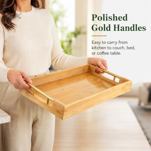 Bamboo Serving Tray, Wooden Tray with Gold Handles, 15L x10W x2H in