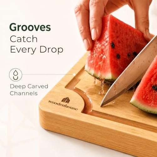 Bamboo Cutting Boards for Kitchen Set of 3, Deep Juice Grooves &