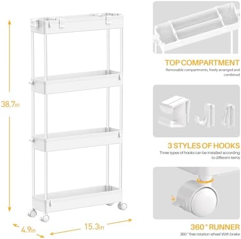 SPACELEAD Slim Storage Cart 4 Tier,Bathroom Organizer Rolling Utility