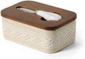 Ceramic Butter Dish with Lid and Knife, Textured Beige Pattern