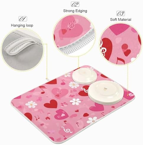 OTVEE Pink Melody Pattern Dish Drying Mat for Kitchen Counter