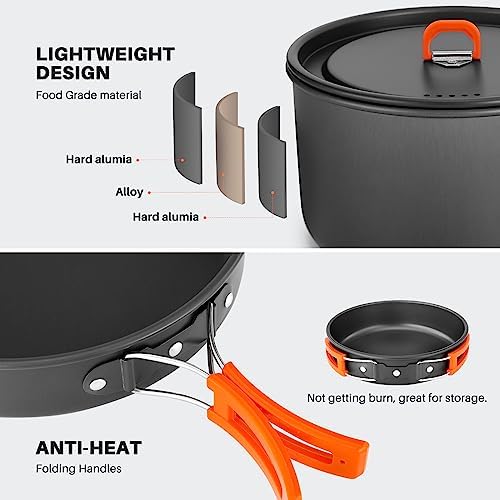 Odoland 10pcs Camping Cookware Camping Pots and Pans Set with Kettle