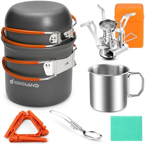 Odoland 8pcs Camping Cookware Mess Kit, Camping Pot and Pan Set with