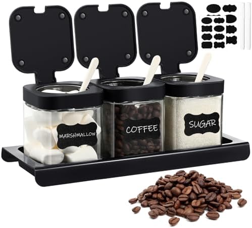 Suclain 3 Pcs Glass Coffee Container with Shelf, Labels Base Pen