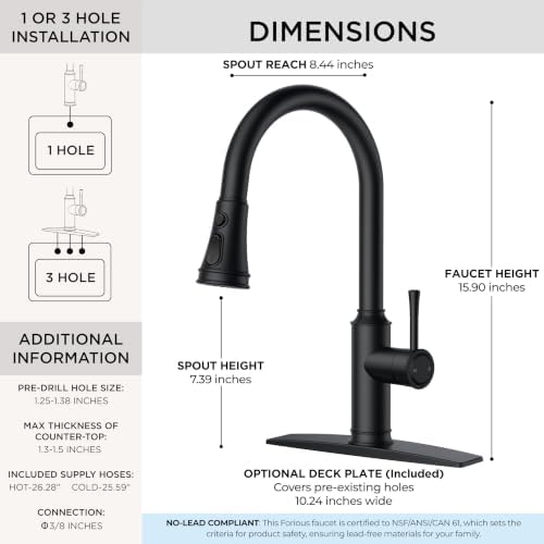FORIOUS Black Kitchen Faucet with Pull Down Sprayer