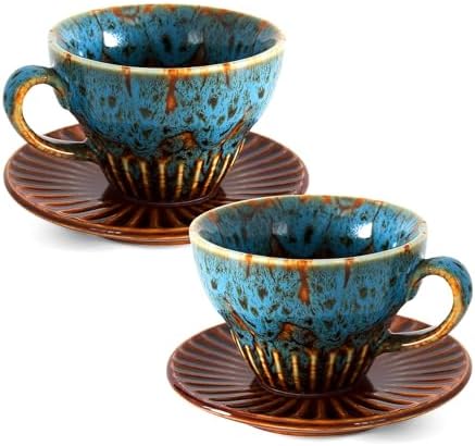 2 oz Espresso Cups and Saucers Set of 2, Ceramic Tea Cup for Latte