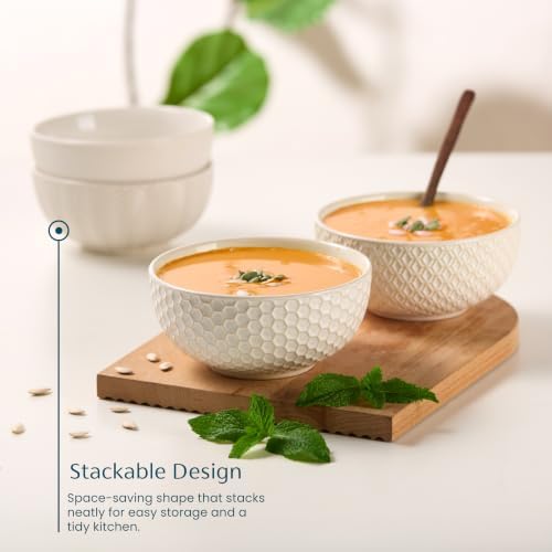 KooK Ceramic Soup Bowls, Embossed, Oven Safe, 24 oz, Set of 4, Ivory