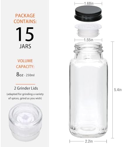 15 Pack 8oz Glass Spice Jars with Grinders, Square Spice Bottles