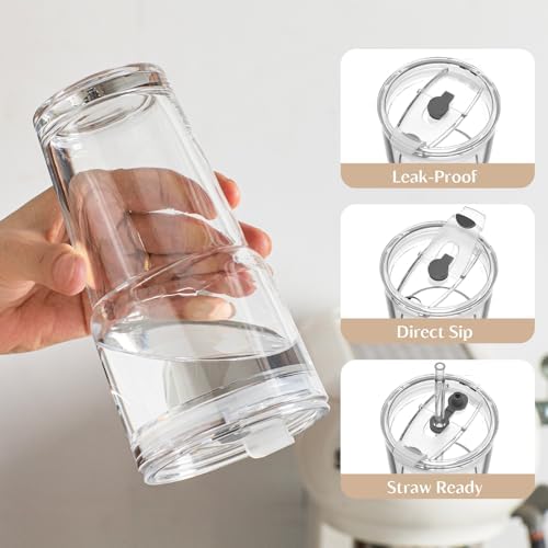 INSETLAN 20 oz Iced Coffee Cups with Lids and Straw, Set of 2 Glass