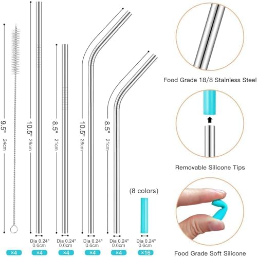 Metal Straws, 16Pcs/Set Vibrant Color Straws with Silicone Tips