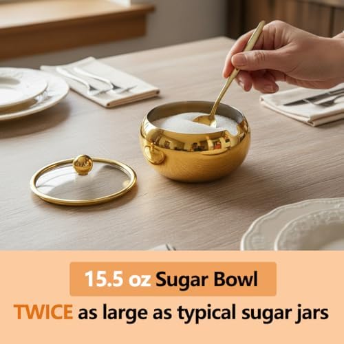 15OZ Sugar Bowl with Glass Lid and Spoon, Sugar Container of Coffee