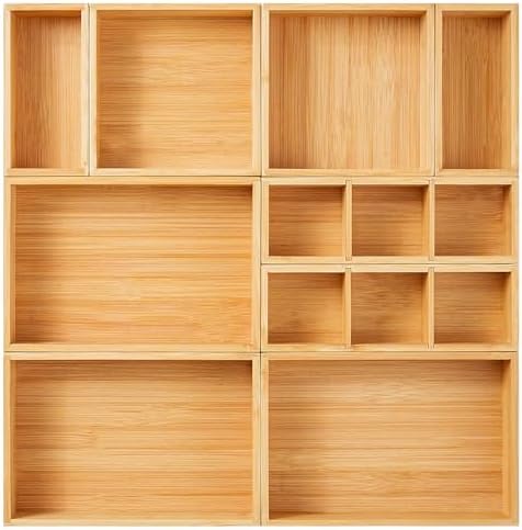 Fabsome Drawer Organizer, Set of 9 Bamboo Wood Kitchen Makeup Desk