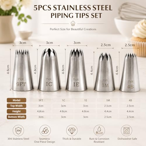 5 Pack Stainless Steel Seamless Piping Icing Tips #9FT 1C 1E 1M 4B