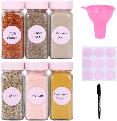 6 Pcs Glass Spice Jars with Label, 4oz Pink Airtight Seasoning