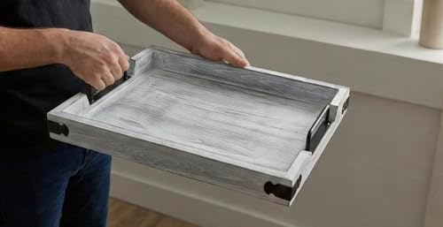 Wooden Rustic Large Serving Tray with Handles | Gray | Vintage Style