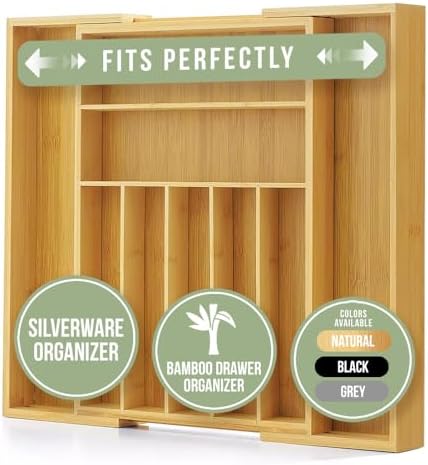 Purawood Expandable Bamboo Drawer Organizer 7-9 Slots, Natural