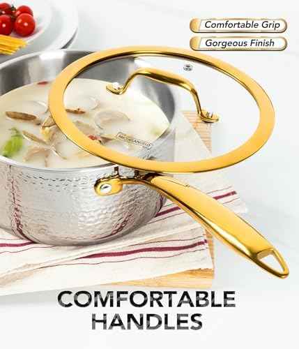 Michelangelo Triply Stainless Steel Saucepan Set, Luxury Hammered Stainless Steel Sauce Pans with Golden Handle, Premium Sauce Pot Set, Induction Compatible