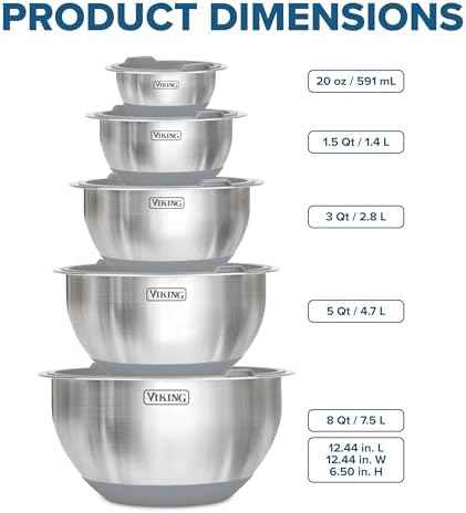 Viking Mixing Bowls Set, 10 Piece Stainless Steel Kitchen Cookware, Non-Slip Silicone Base, Includes Tight Fit Lids, Dishwasher Safe, Grey