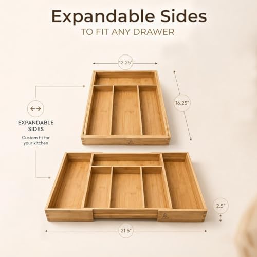 Expandable Bamboo Drawer Organizer for Kitchen Utensils, Adjustable