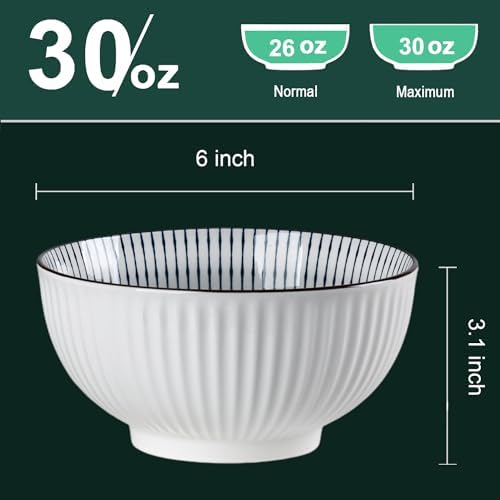 QINLANG 6 Inch Blue and White Porcelain 30 oz Bowls Set of 6 for Soup