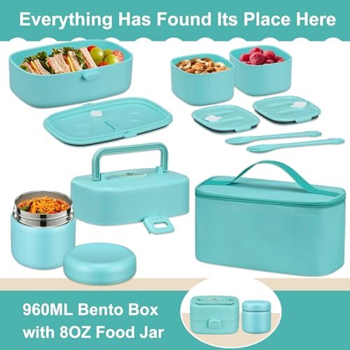 Pawtong Bento Lunch Box with 8oz Soup Thermo, Blue