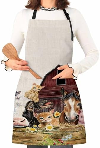 Farm Cow Pig Aprons for Women Men with Pockets, Farmhouse Animals